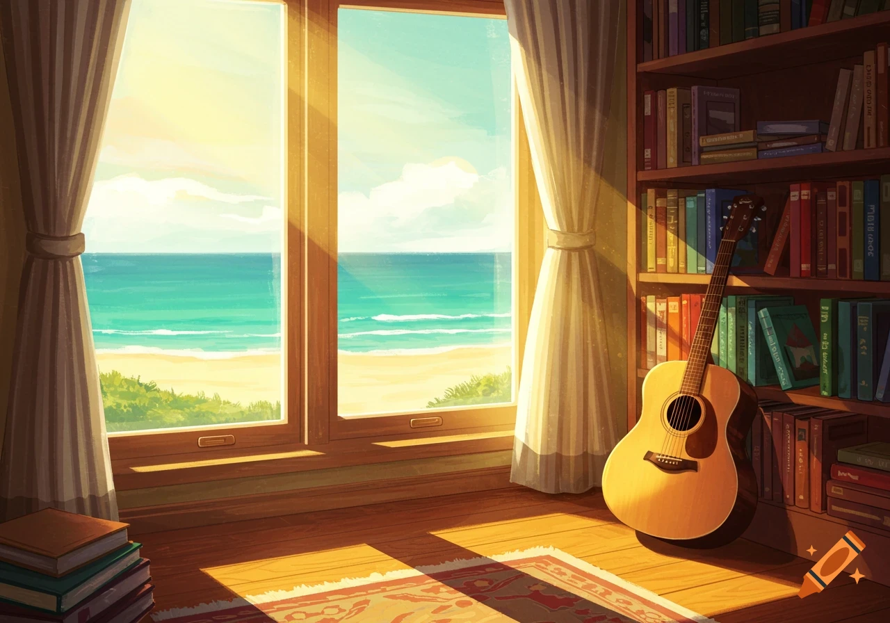 A room with a large window view of a sunlit beach and ocean, a bookshelf filled with books, and an acoustic guitar leaning against it.