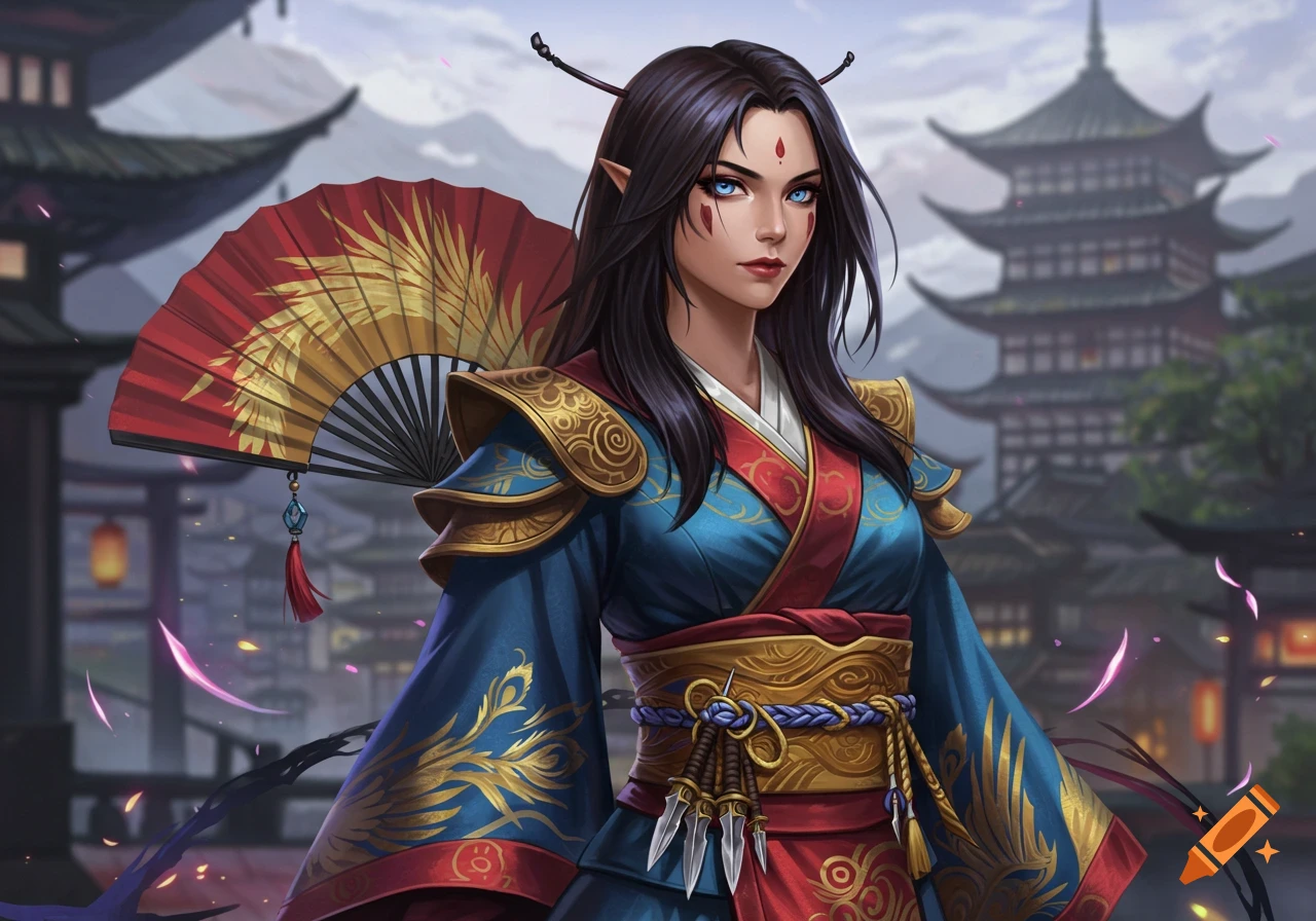 A fantasy woman with dark hair, blue eyes, and elven ears in a blue and red robe, holding a fan in a Japanese city.