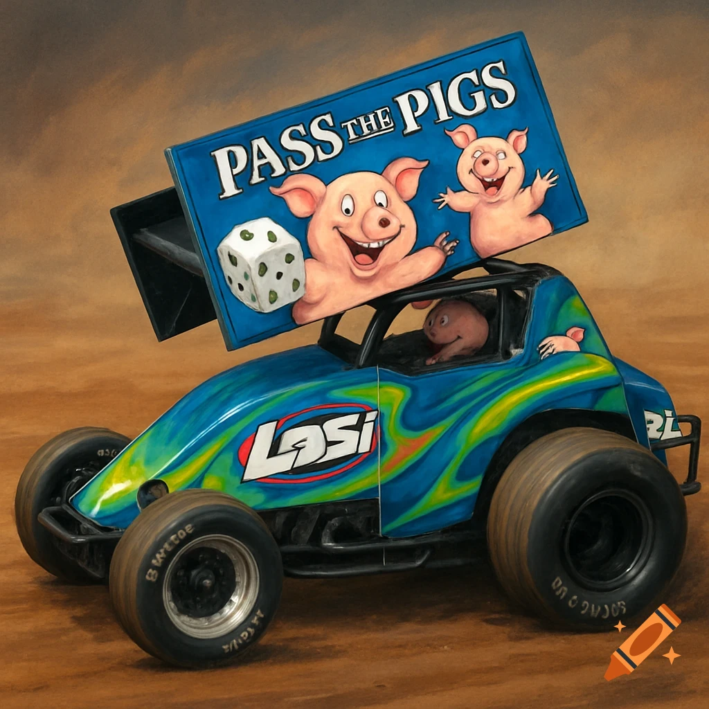 Detailed illustration of a blue sprint car with two cartoon pigs and dice on a banner above it, with text "PASS THE PIGS"