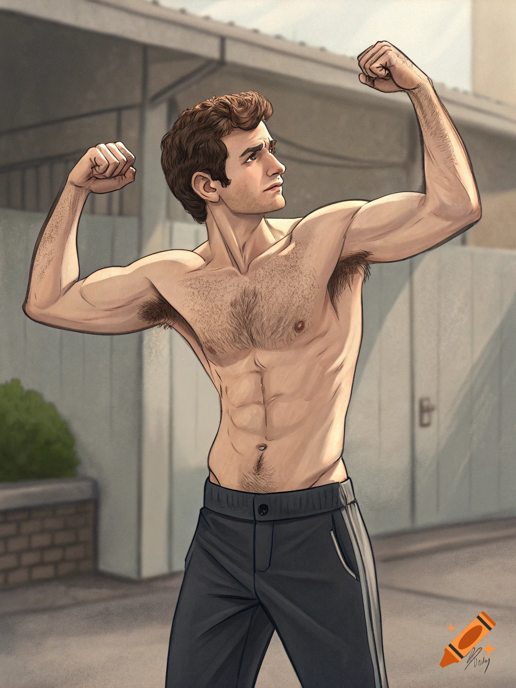Illustration of a shirtless man flexing his bicep muscles outside.