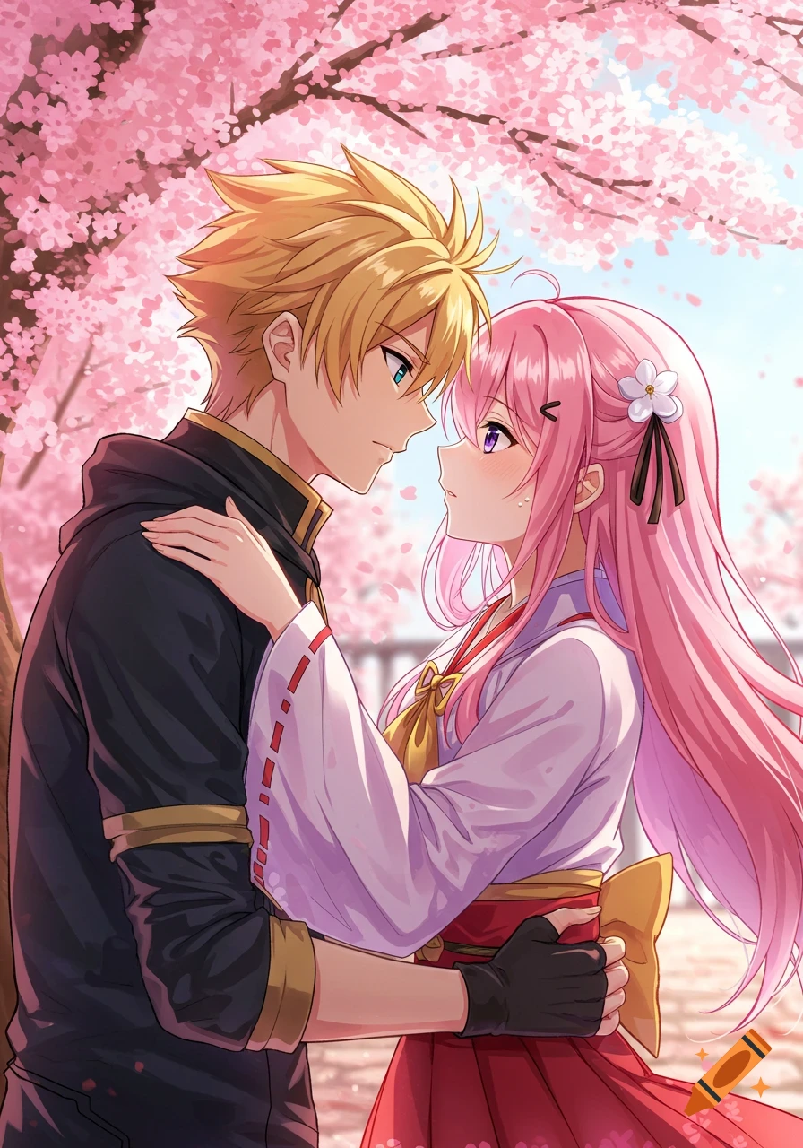 An anime couple looks at each other under pink cherry blossoms.