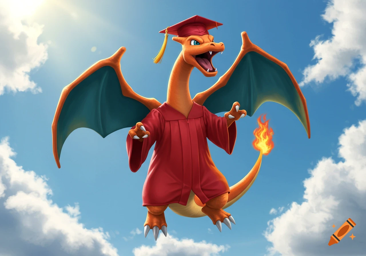 Charizard flying in the sky wearing a graduation cap and gown.