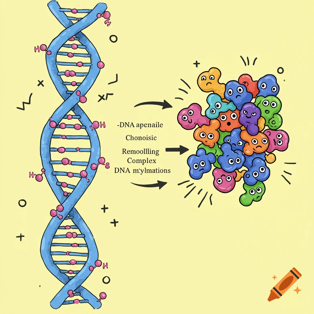Cartoon illustration of a DNA strand and colorful protein shapes with arrows and text.