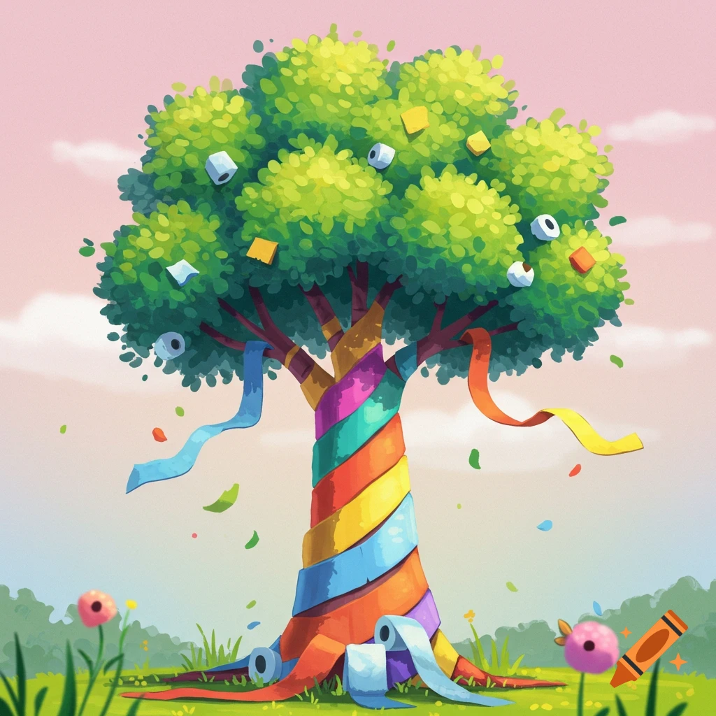 A whimsical illustration of a tree decorated with toilet paper and colorful ribbons in a sunny field.
