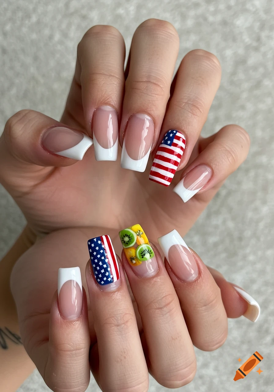 Hand with square French tip nails, American flag design on two nails, and tropical fruit design on one nail.