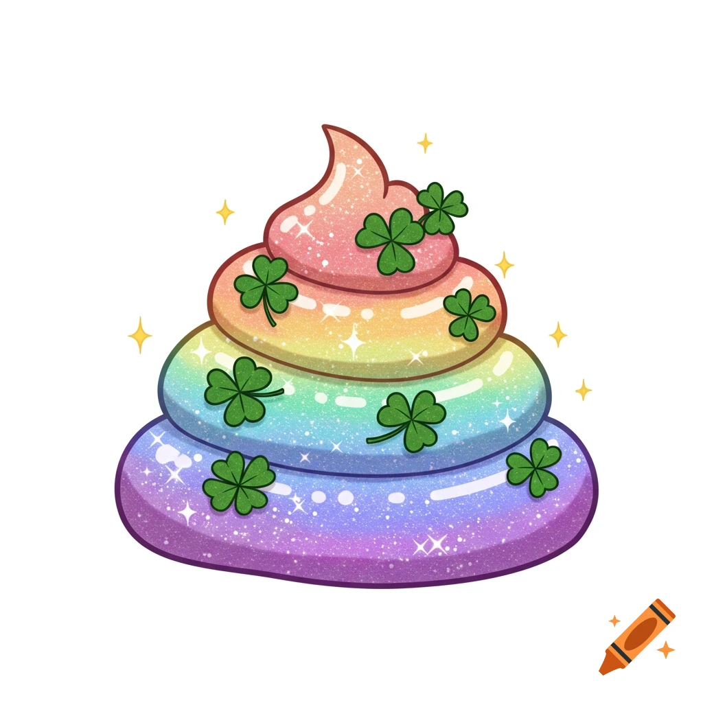 A sparkling rainbow unicorn poop emoji with four-leaf clovers.