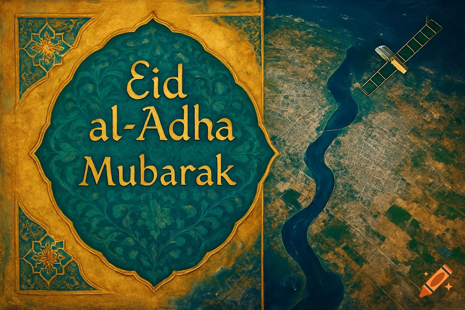 Greeting card with gold Arabic text 'Eid al-Adha Mubarak' on a teal background next to a satellite view of a river and landscape.