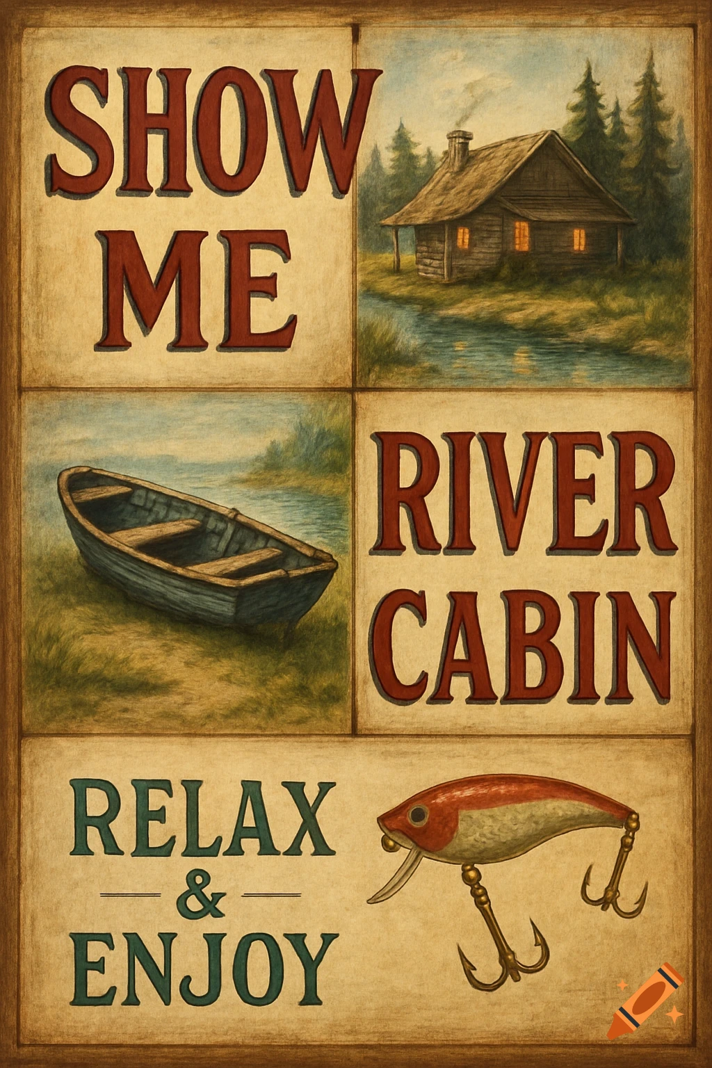Rustic multi-panel illustration featuring text, a river cabin, boat, and fishing lure.