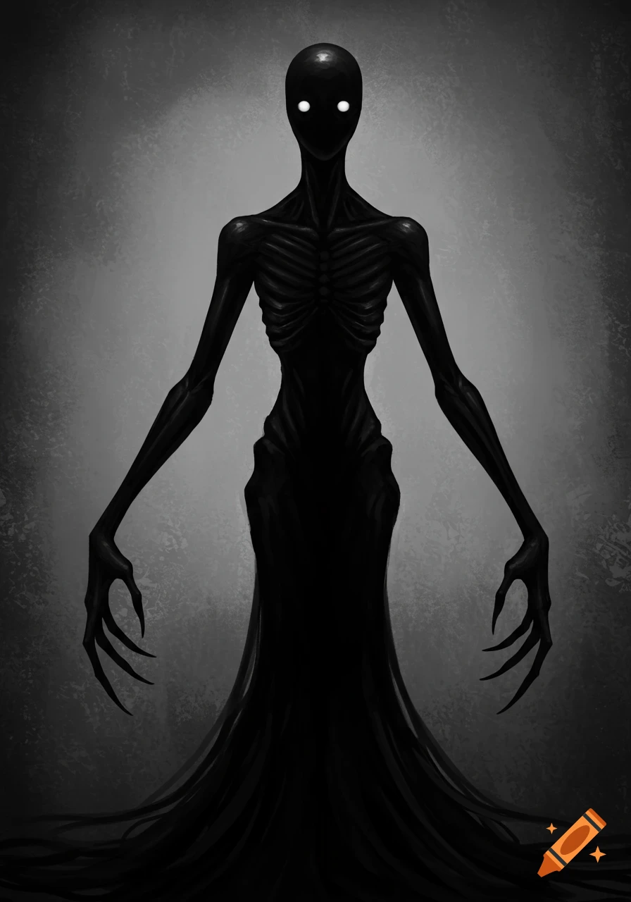A tall, skinny, black creature with white eyes and long claws stands in the dark.