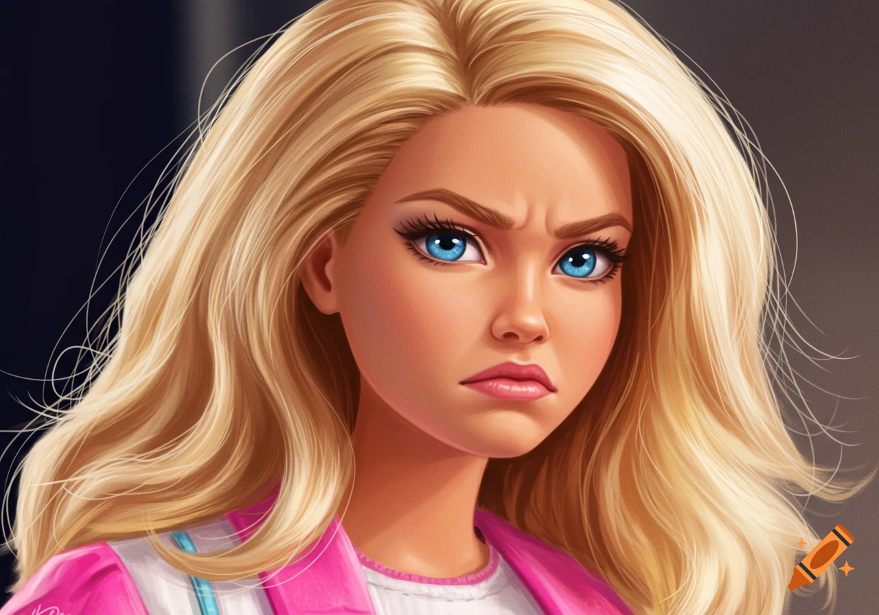 Illustration of Barbie with an annoyed expression, blonde hair, and blue eyes
