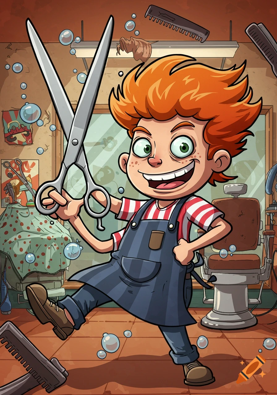 A cartoon boy with red hair holds large scissors in a barber shop.