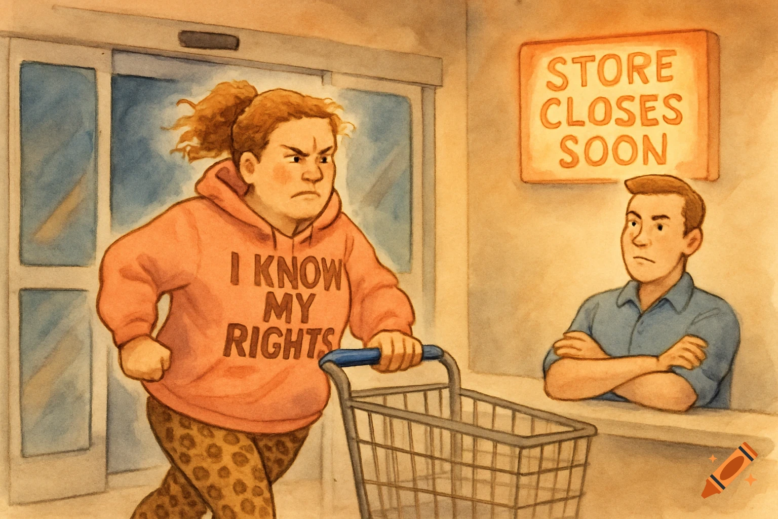 Watercolor illustration of an angry woman with a shopping cart entering a store past an employee.