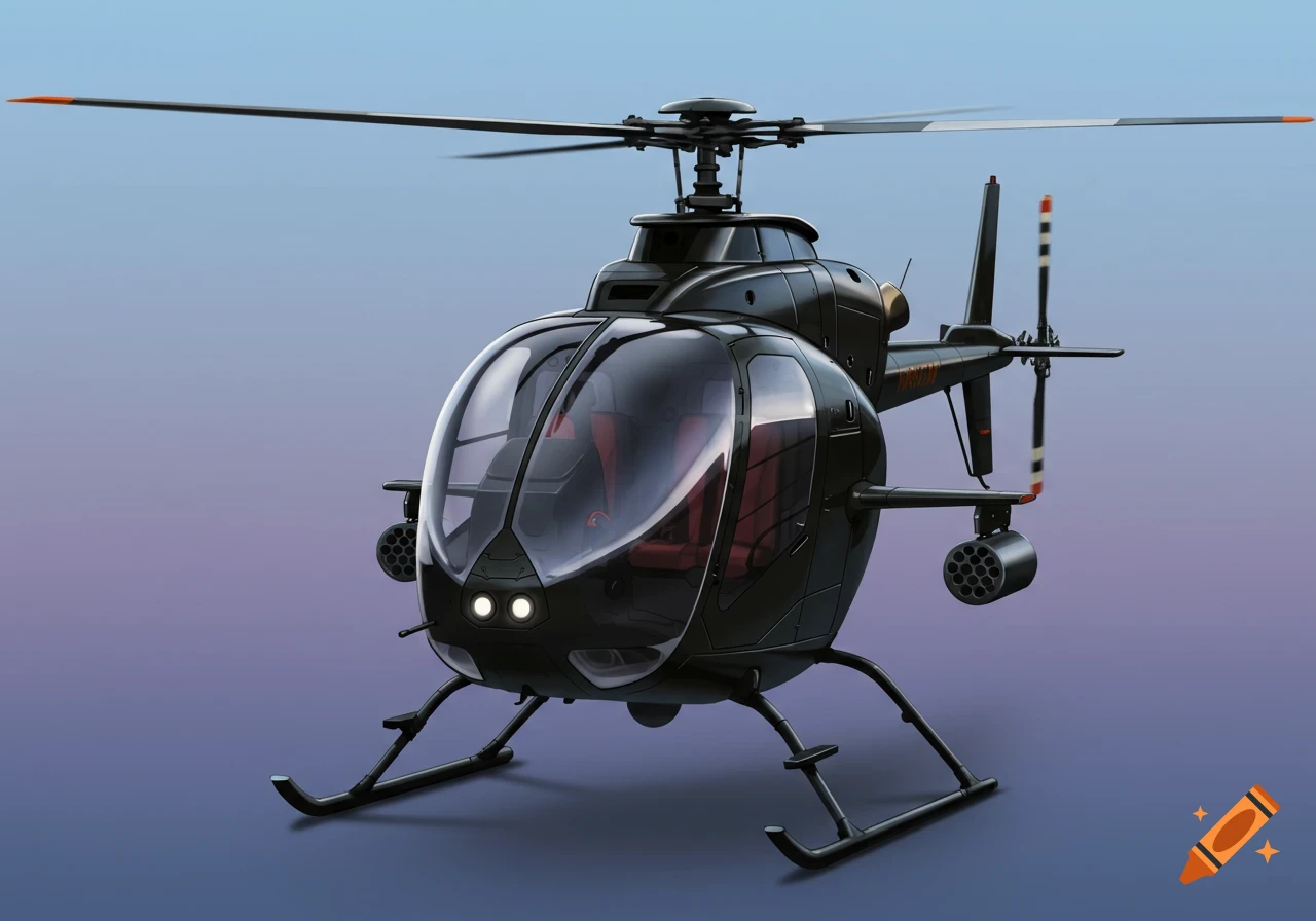 A modern black helicopter shown from the front against a gradient background.