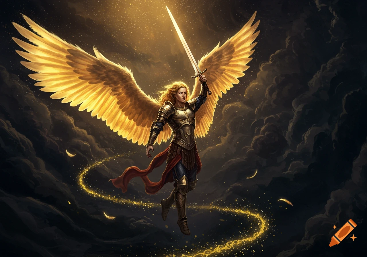 An angel in golden armor flies through dark clouds with a raised glowing sword.