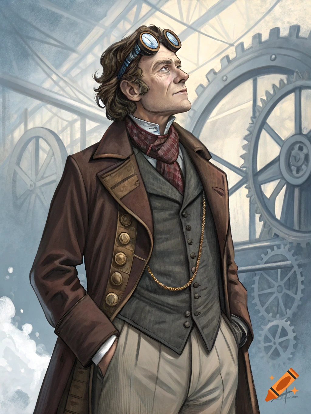 Illustration of a man in steampunk attire and goggles standing among large gears
