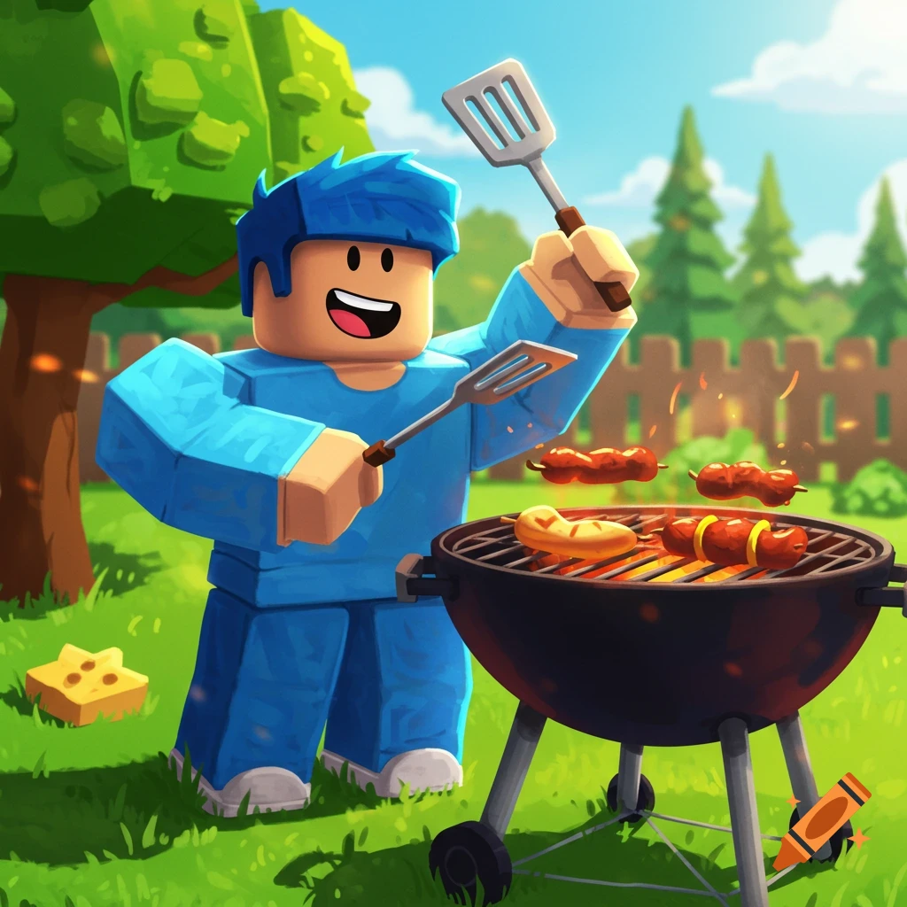 A blocky Roblox-style character grills sausages and corn on the cob in a sunny backyard.