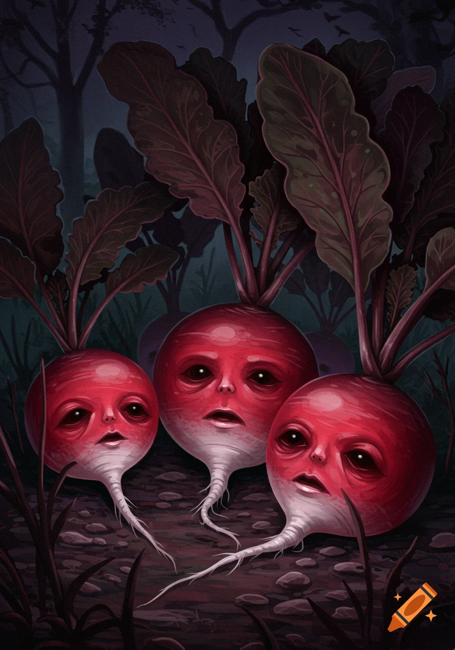 Three spooky radishes with human faces among dark plants