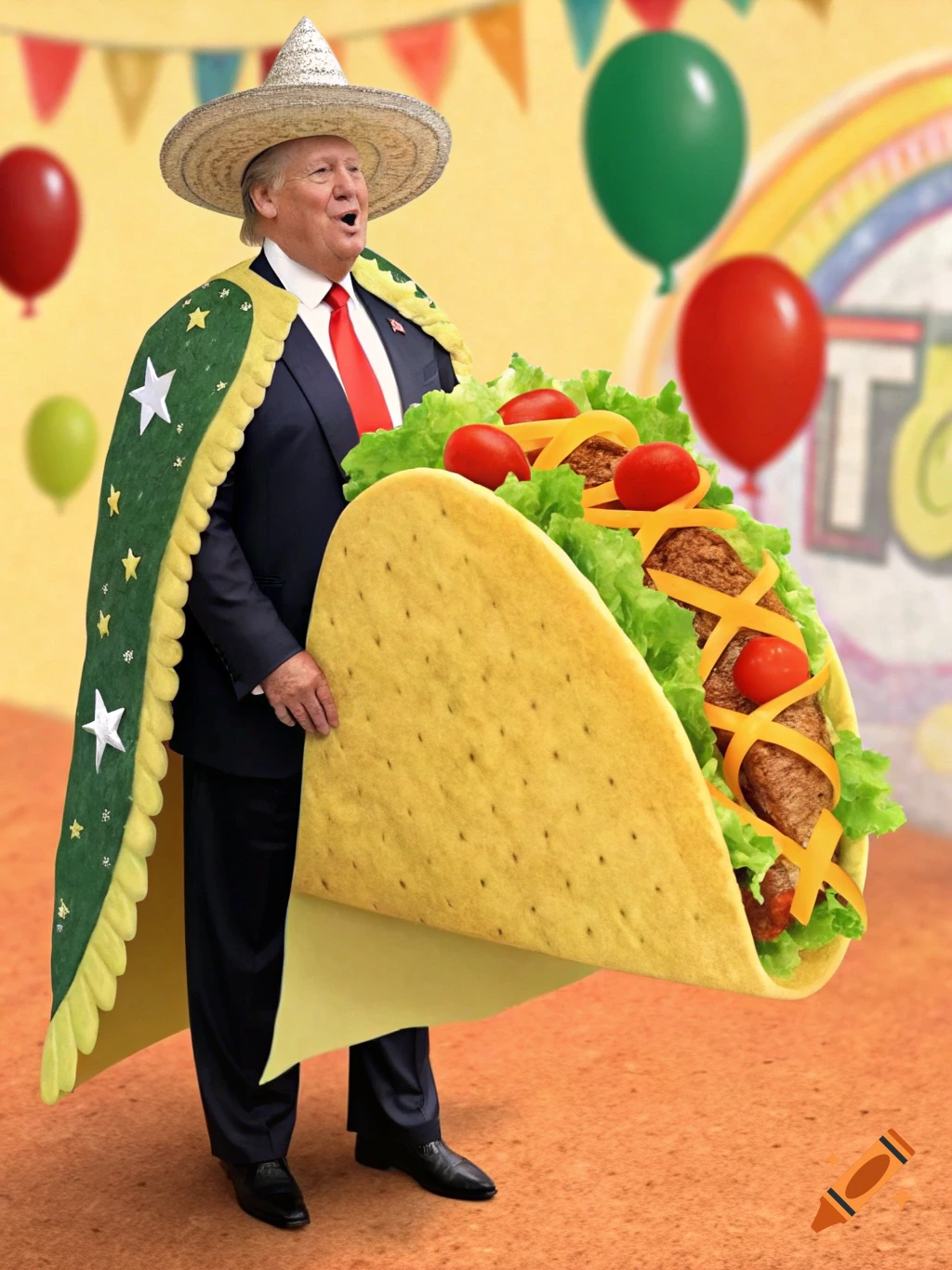 Donald Trump in a sombrero and green cape holding a giant taco at a party.