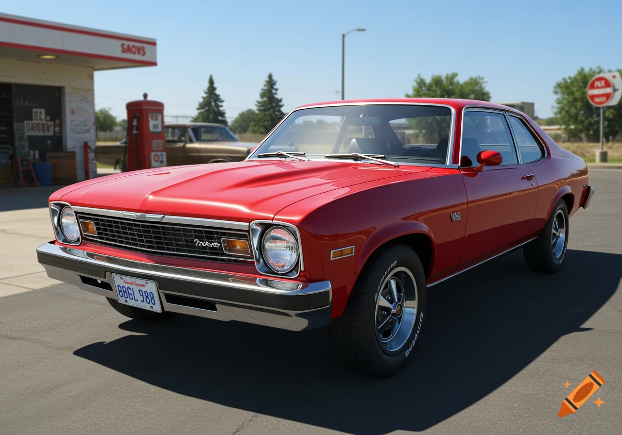A red 1978 Chevrolet Nova parked at a gas station under a clear sky.