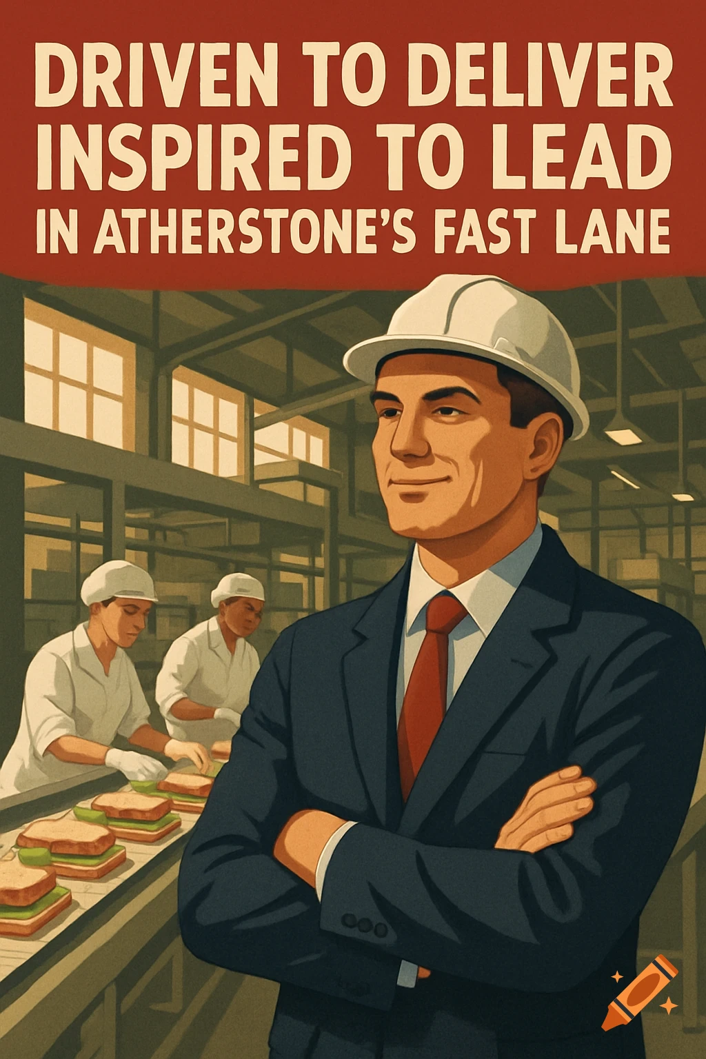 Retro poster of a factory manager, workers making sandwiches, text 'DRIVEN TO DELIVER INSPIRED TO LEAD IN ATHERSTONE’S FAST LANE'.