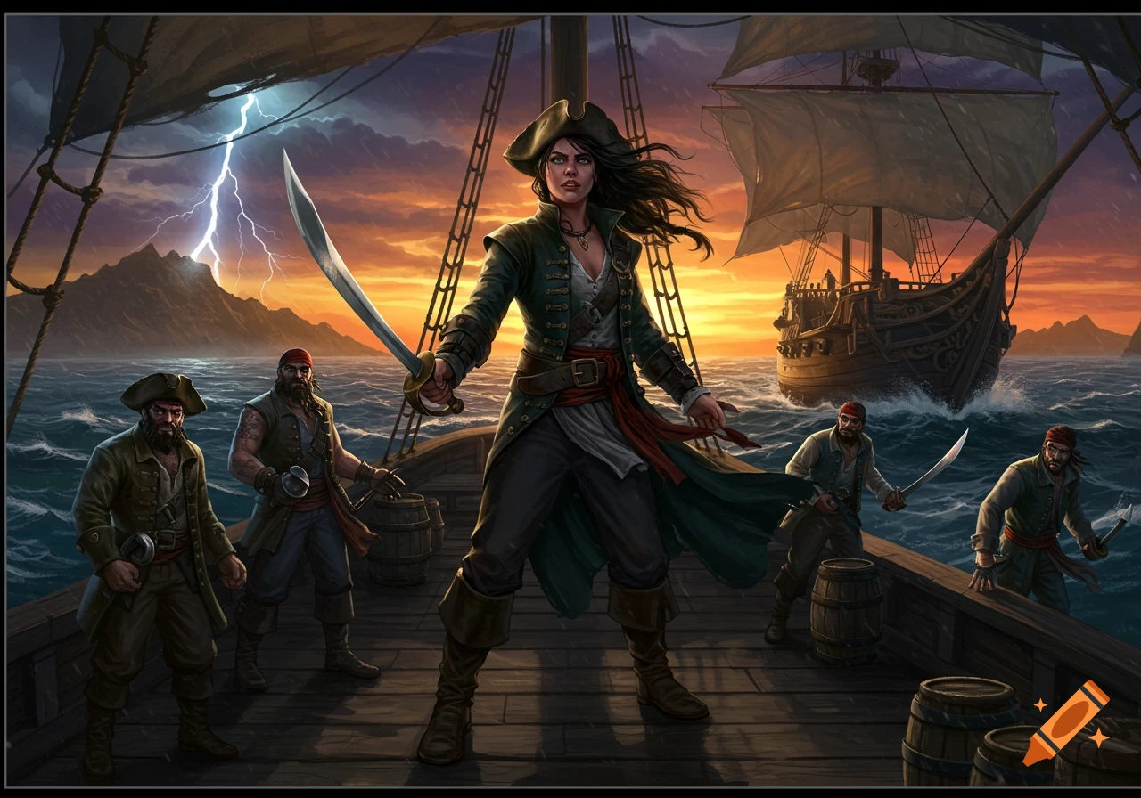 Illustration of a female pirate captain and crew on a ship during a stormy sunset.