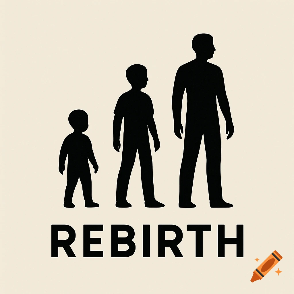 Silhouettes showing the growth from child to man, with the word REBIRTH below.
