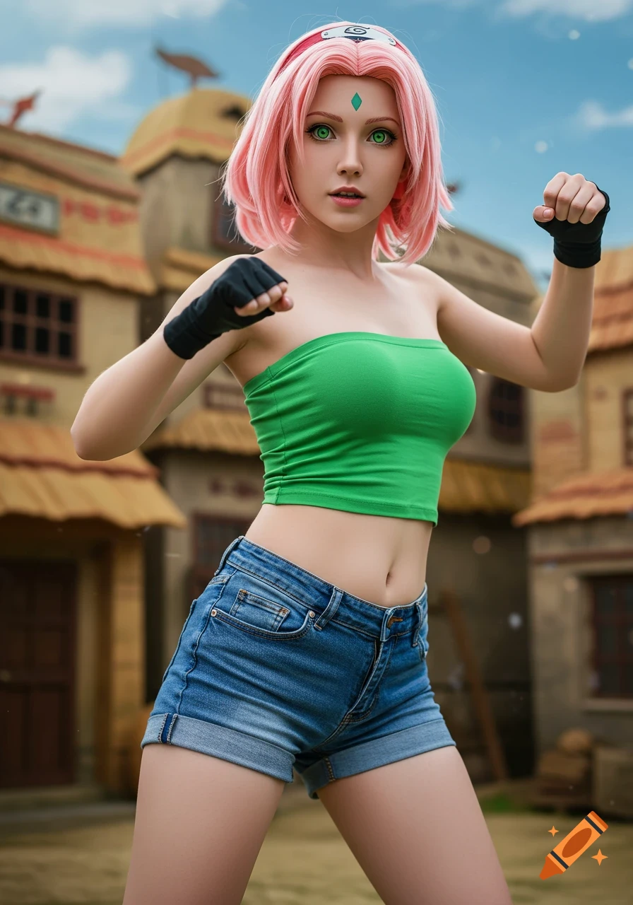 Realistic cosplay of Sakura Haruno in a green tube top and blue shorts, posing outdoors.