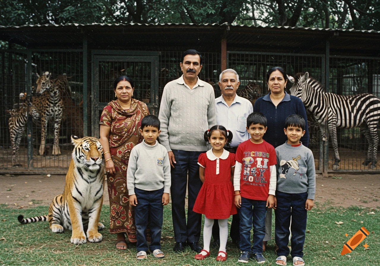Family poses for an old photo in front of zoo cages with a tiger and zebras visible.