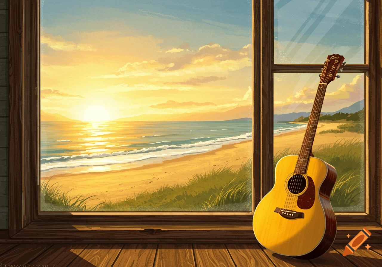 Acoustic guitar leaning against a window frame overlooking a beach at sunset.