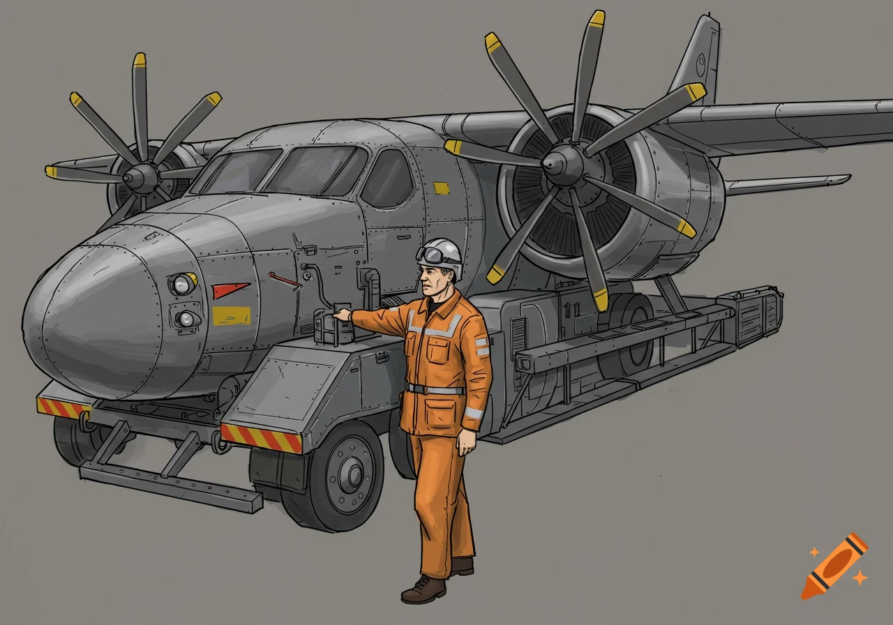 Illustration of an aircraft maintenance engineer standing next to a unique aircraft-truck vehicle.