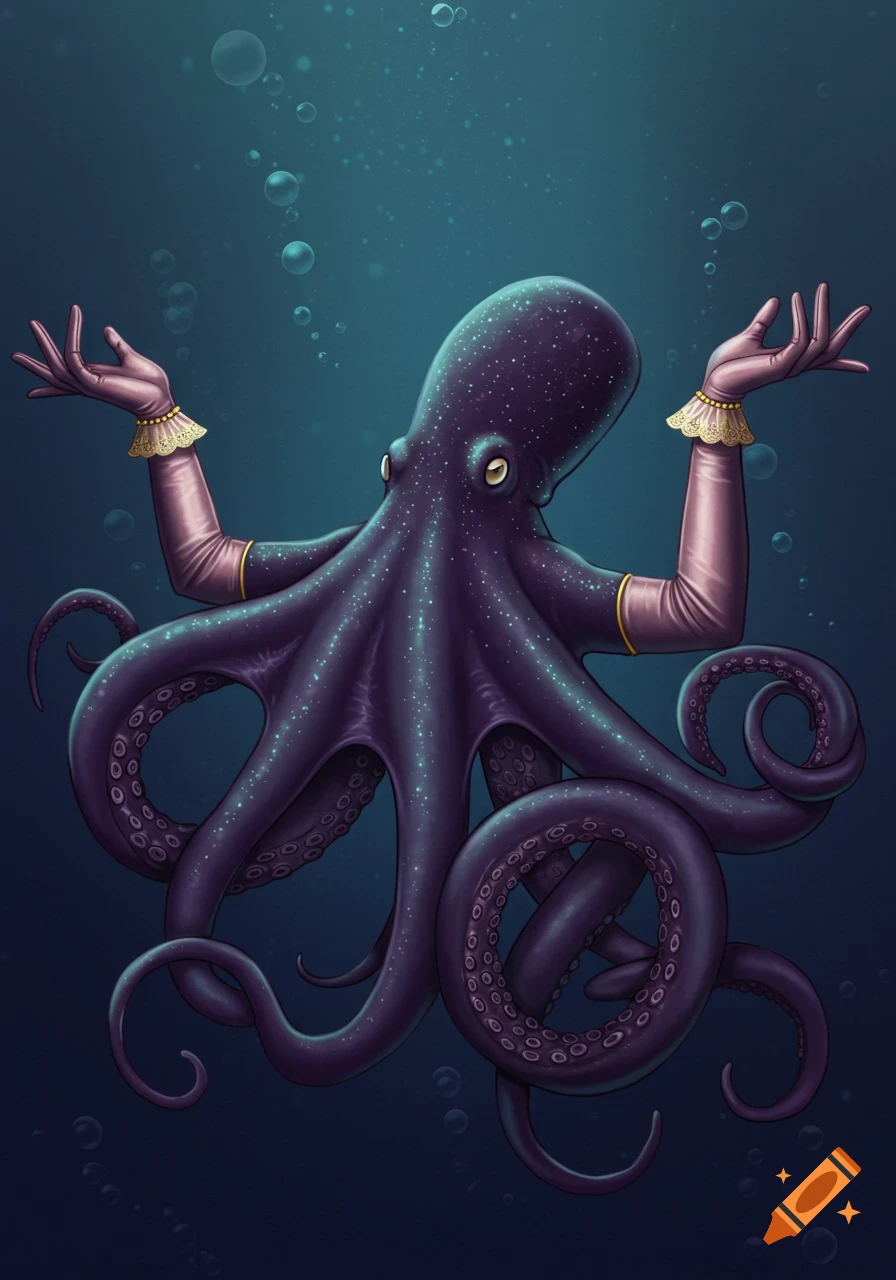 Purple octopus with human arms wearing opera gloves underwater