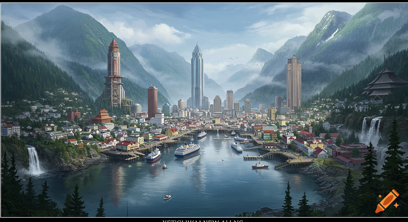 Panoramic view of a large city and harbor nestled in a mountain valley ...