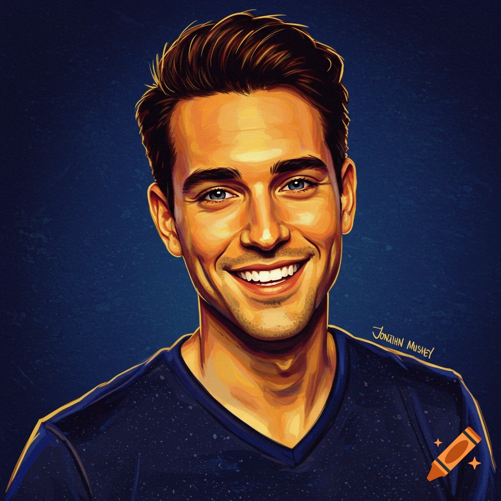 Stylized illustration of a smiling man with brown hair and blue eyes.