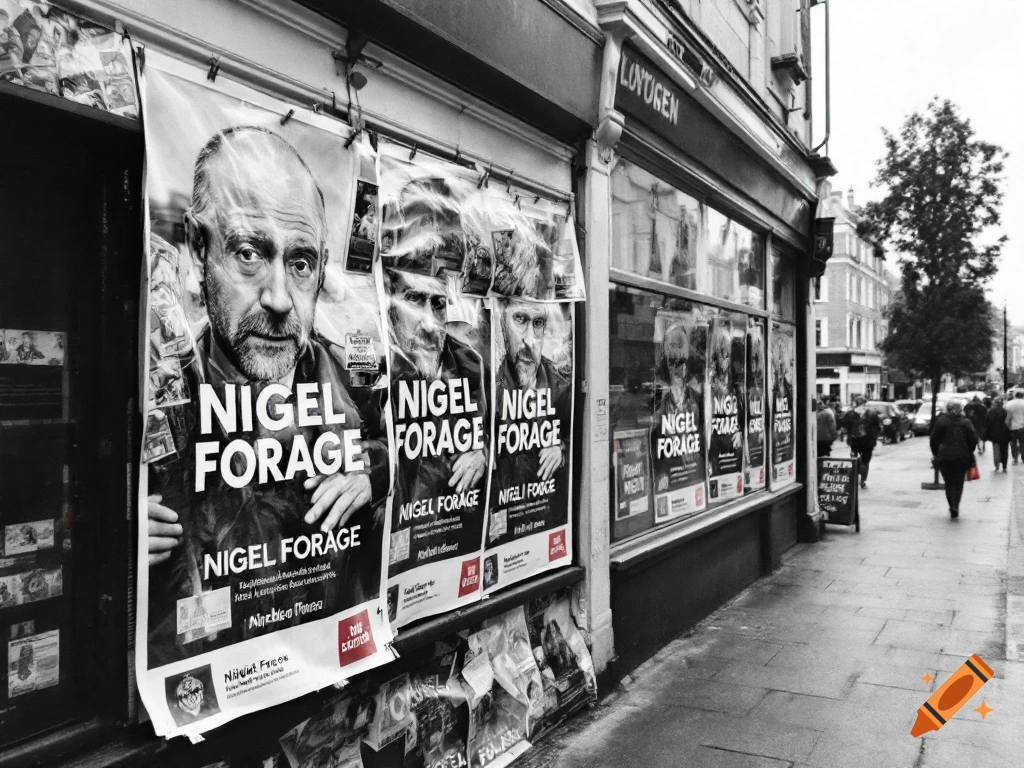 Black and white photo of multiple political posters of Nigel Farage plastered on a building wall along a London street.