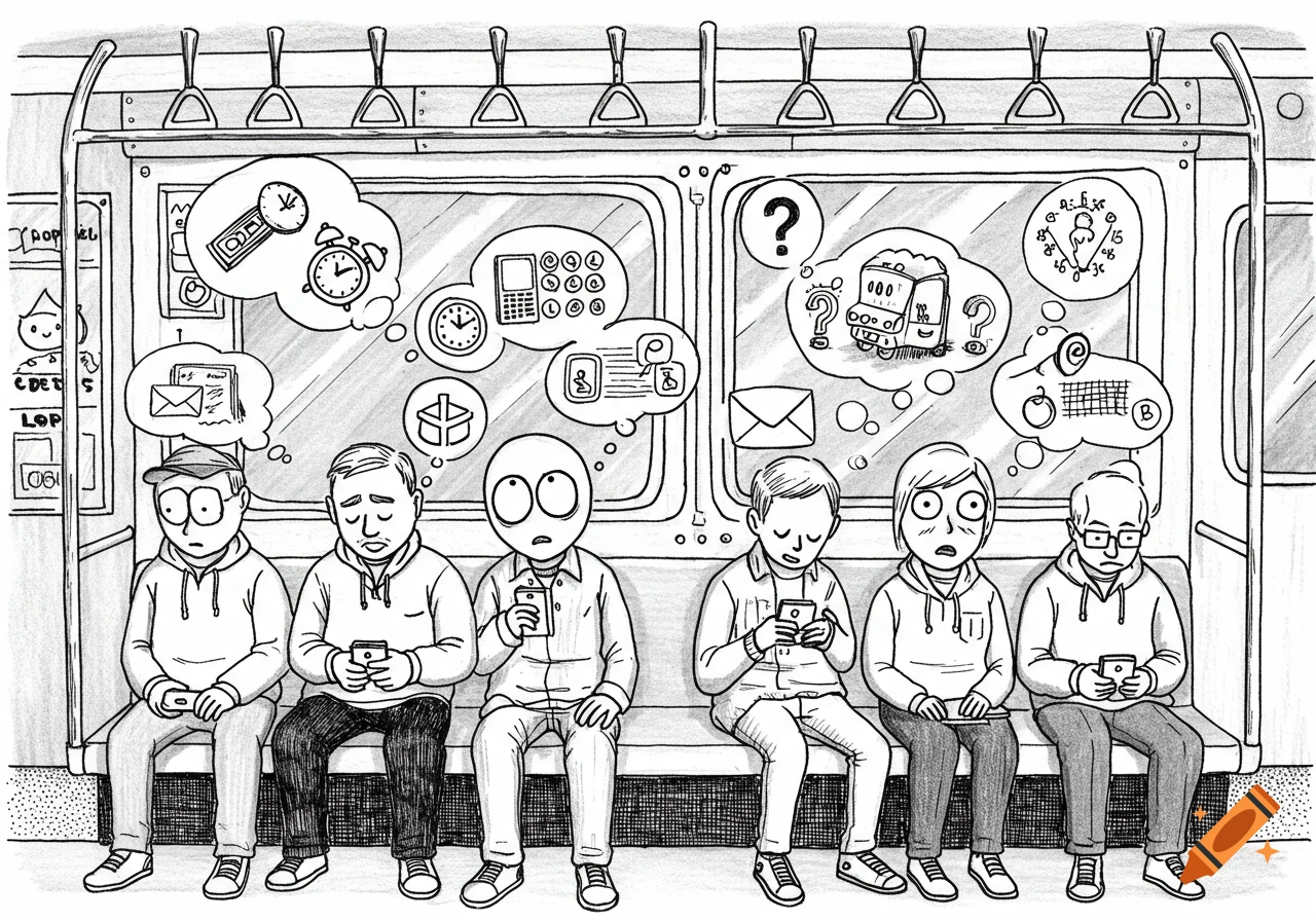 Black and white doodle of people on a subway, looking at phones with thought bubbles, except one person looking around.