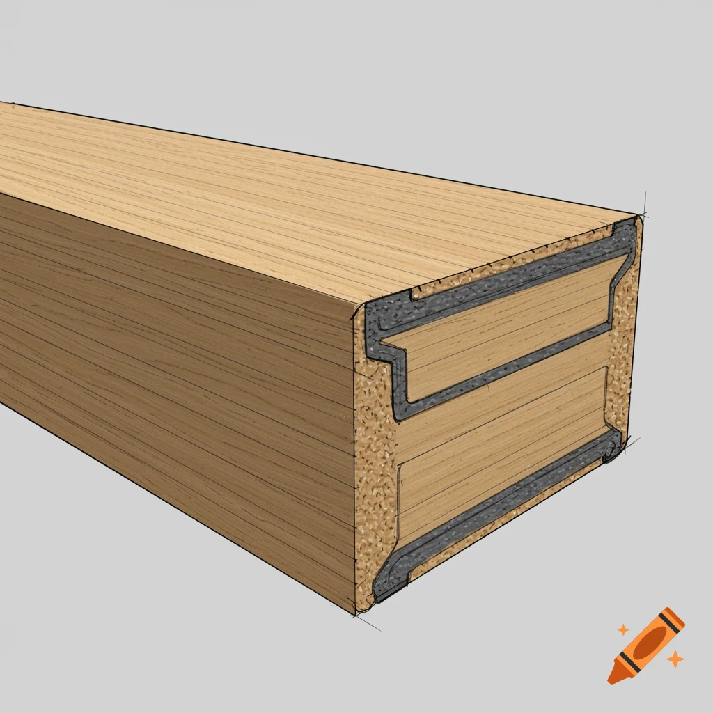 Close-up view of a laminated wood beam cross-section showing its internal layers and structure.