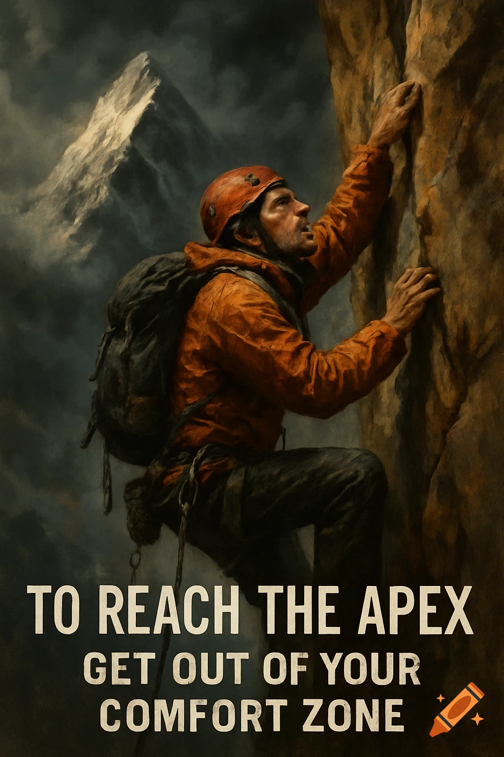 Digital painting of a climber on a rock face with a mountain background. Text: To Reach The Apex Get Out of Your Comfort Zone.
