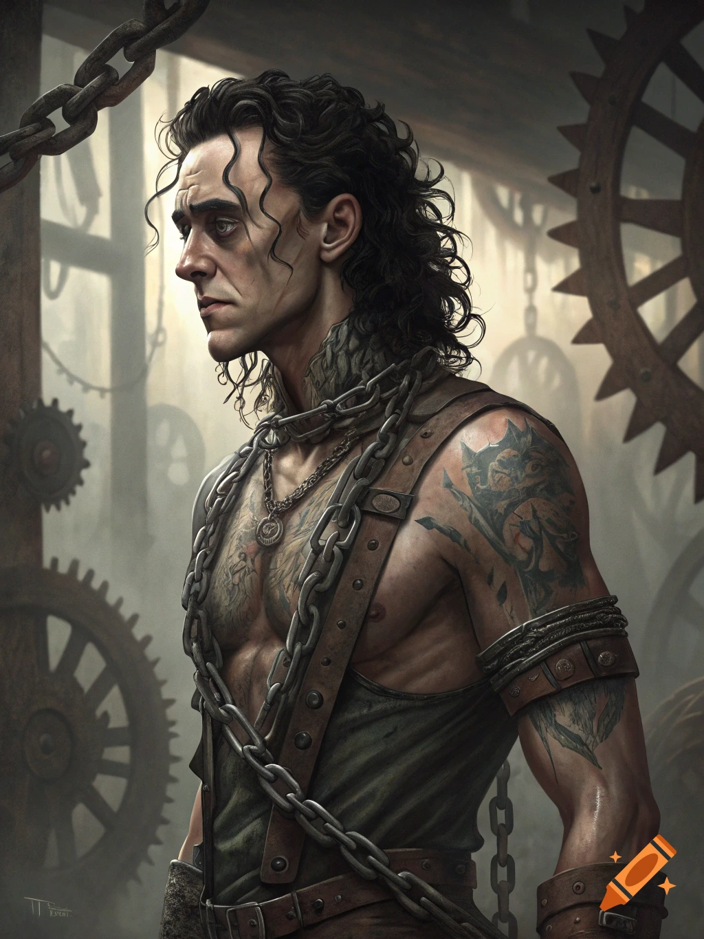Man resembling Tom Hiddleston with dark hair, chains, and tattoos in a steampunk setting.