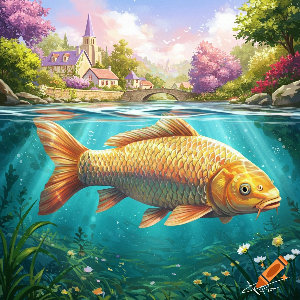 A large gold fish swims in clear water with a landscape of houses, church, and trees visible above the surface, illustration.