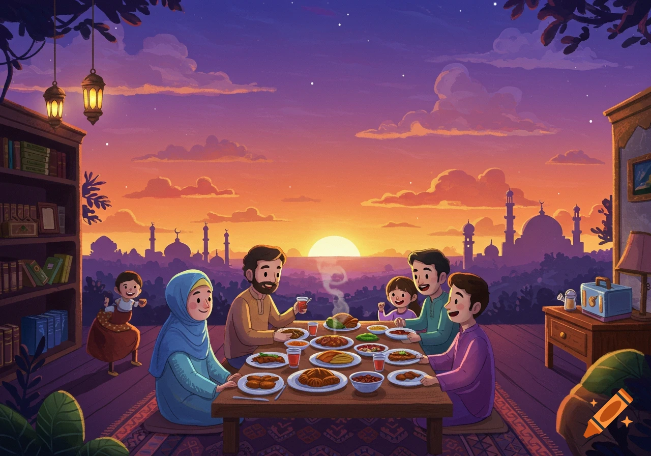 An illustration of a family eating a meal outdoors with a sunset and mosques in the background.