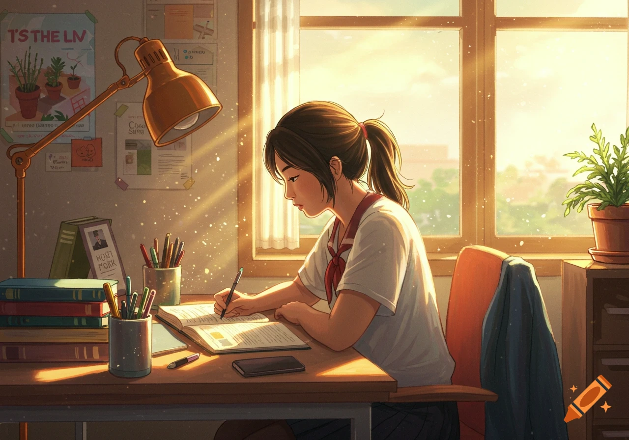 An anime illustration of a girl studying at a desk bathed in warm sunlight.