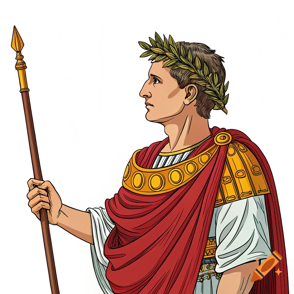 Vector illustration of a Roman man with laurel wreath, toga, and spear.