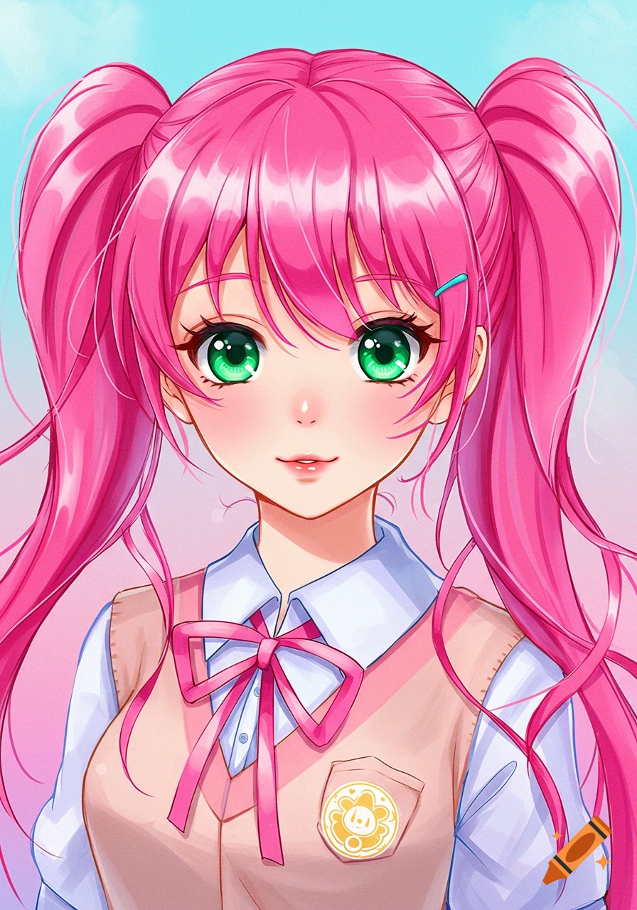 anime portrait of girl with pink pigtails and green eyes