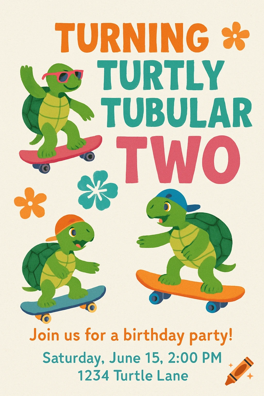 Cartoon birthday invitation with skateboarding turtles and the text "Turning Turtly Tubular Two".