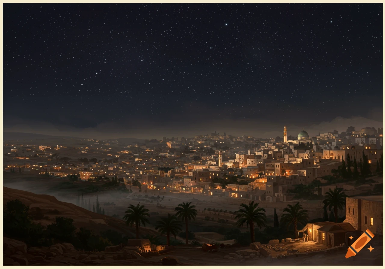An ancient city is lit up at night under a starry sky