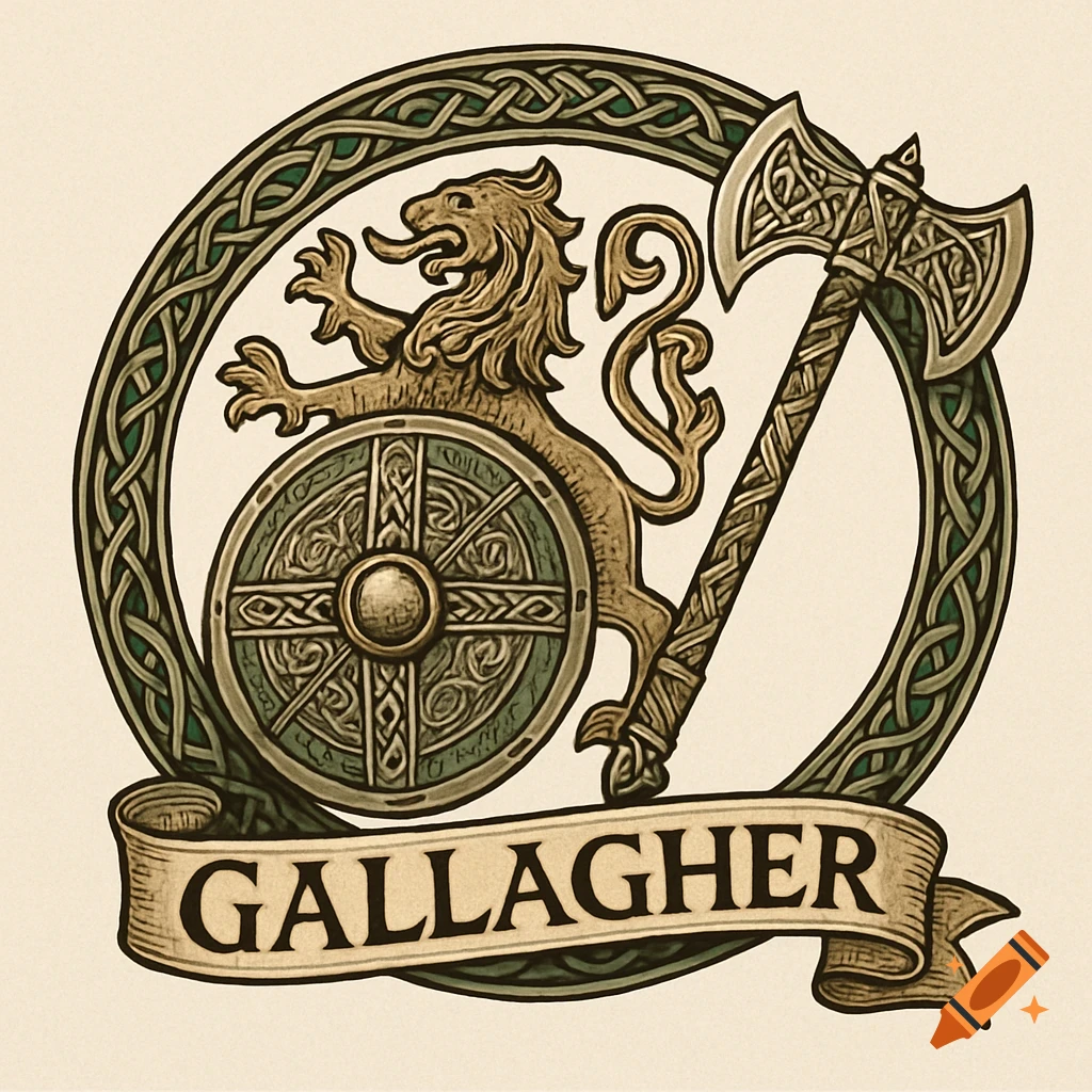 Celtic-style family logo with a lion, shield, and axe within a knotwork circle, and a banner below.