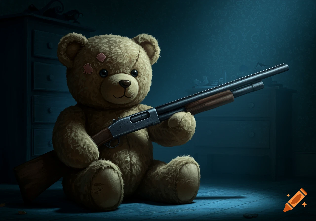 A teddy bear sits in a dark bedroom holding a shotgun.
