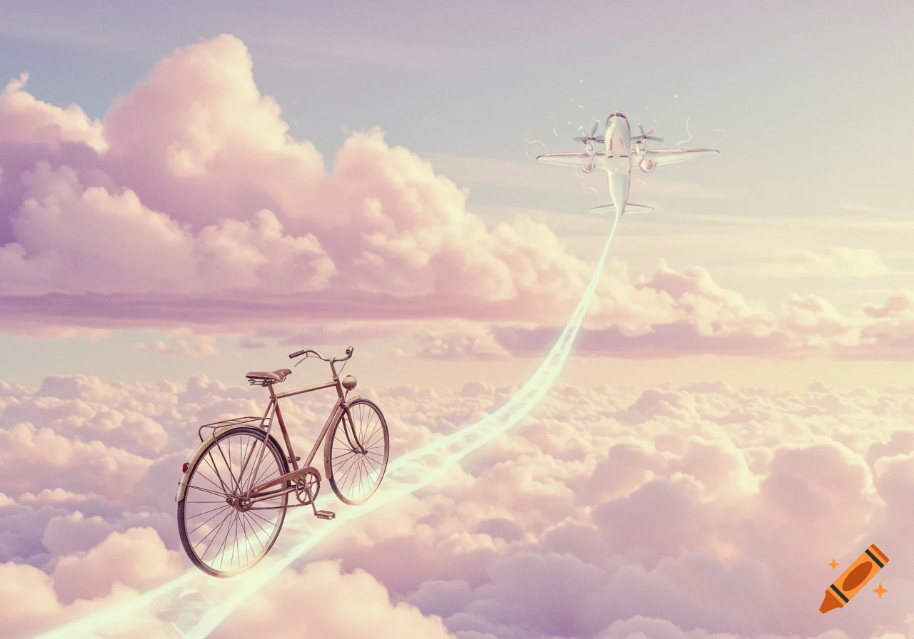 A vintage bicycle and a propeller airplane float above pastel clouds, connected by glowing trails in a dreamlike sky.