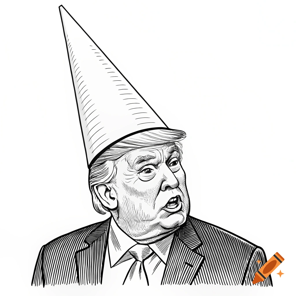 A black and white line drawing of Donald Trump wearing a tall, conical dunce cap.
