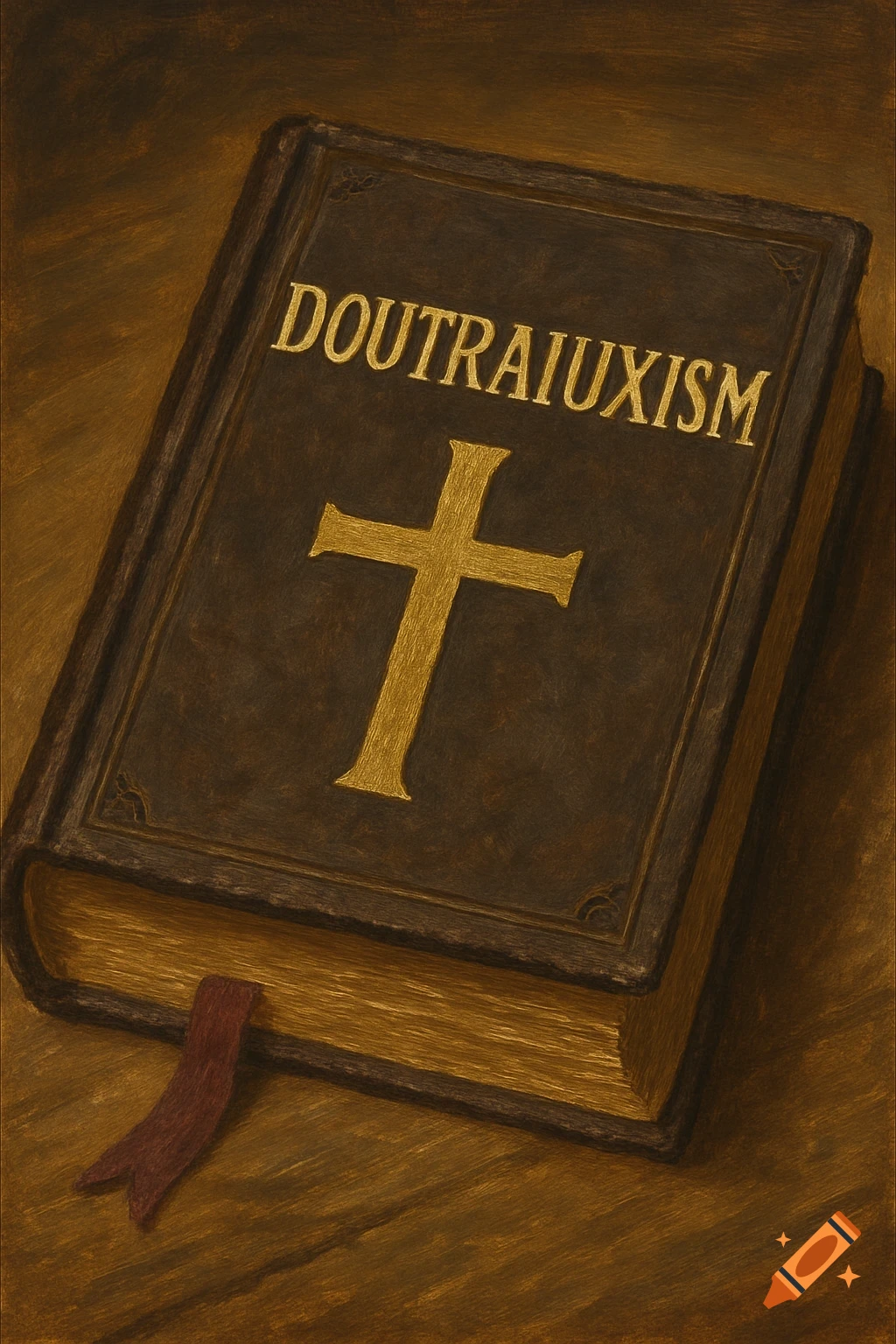 A brown book with a golden cross and 'DOUTRAIUXISM' text on the cover, in a painterly style.